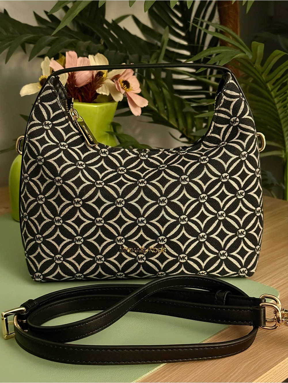 Michael Kors Black & White Geometric Pattern Crossbody Bag